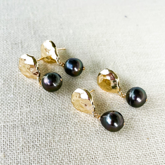 Coin Pearl Drop Stud Earrings