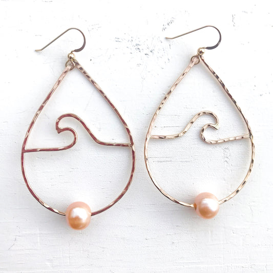 Wave With Pearls Tear Drop Hoops