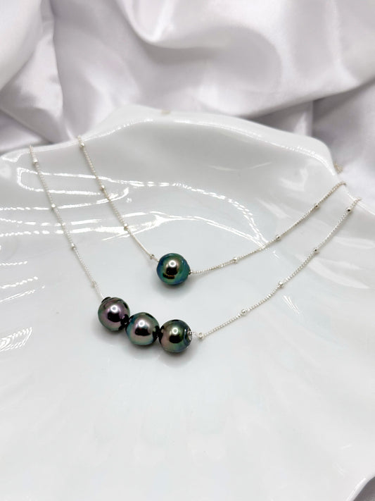 Sterling Silver Floating Peacock Tahitian Pearl Necklace